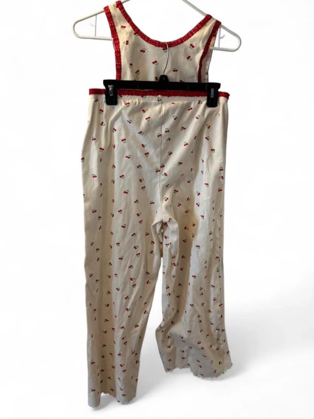 Love Peace & Lazy Days Cream Cherry Print Pajama Set Red Lace Trim 100% Cotton